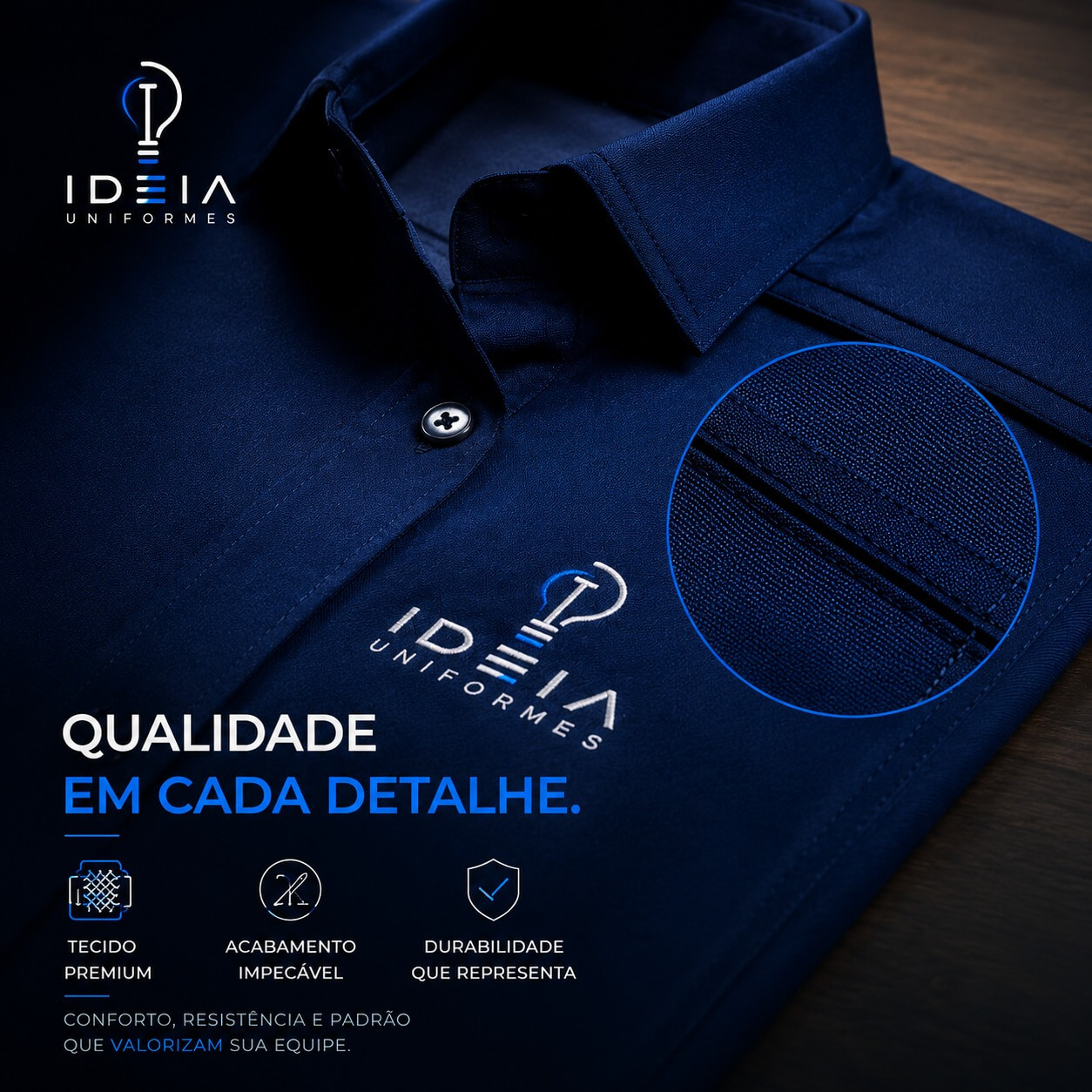 Detalhe do acabamento e bordado do uniforme casual