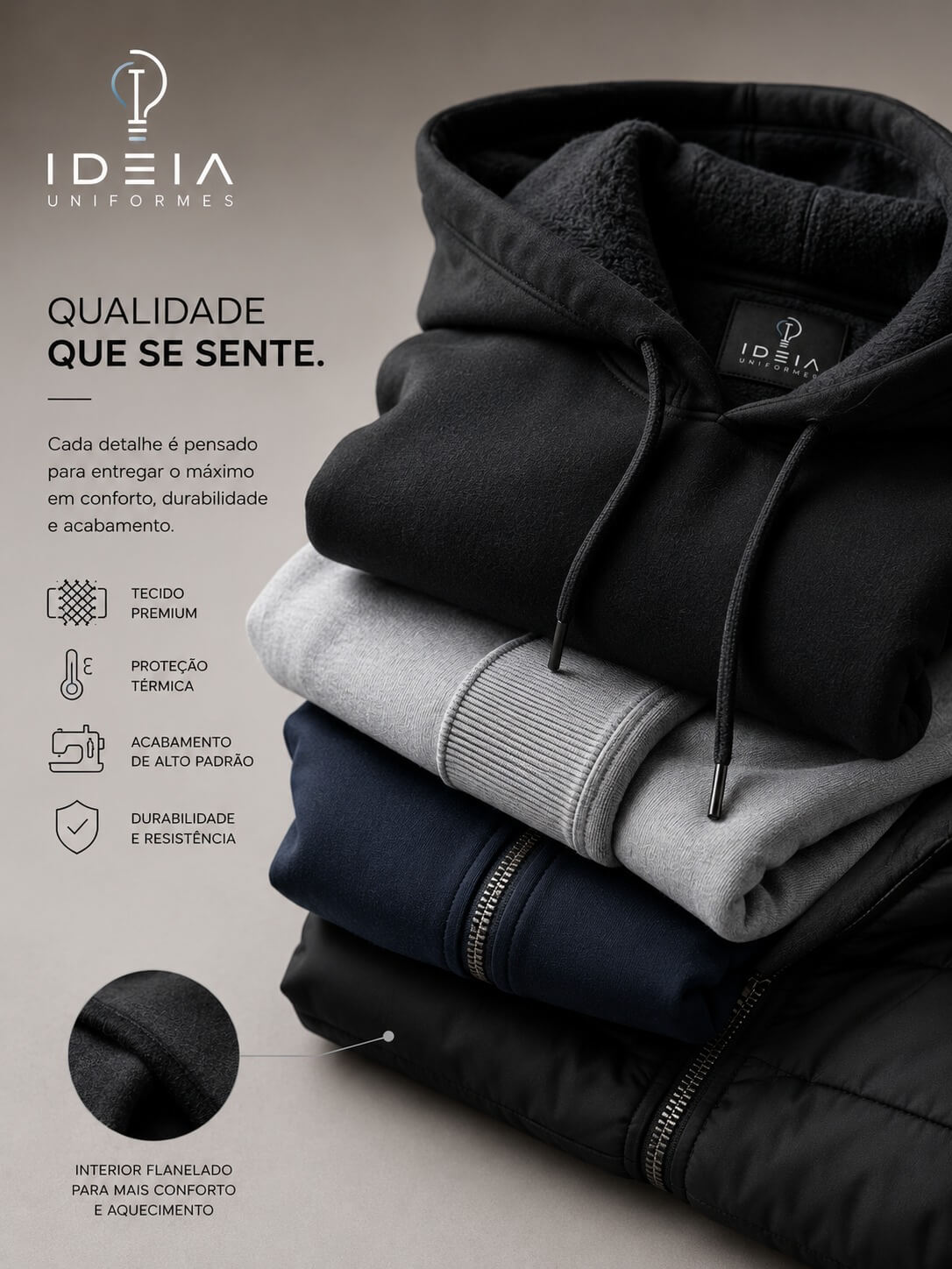Pilha de moletons premium dobrados com foco nas texturas