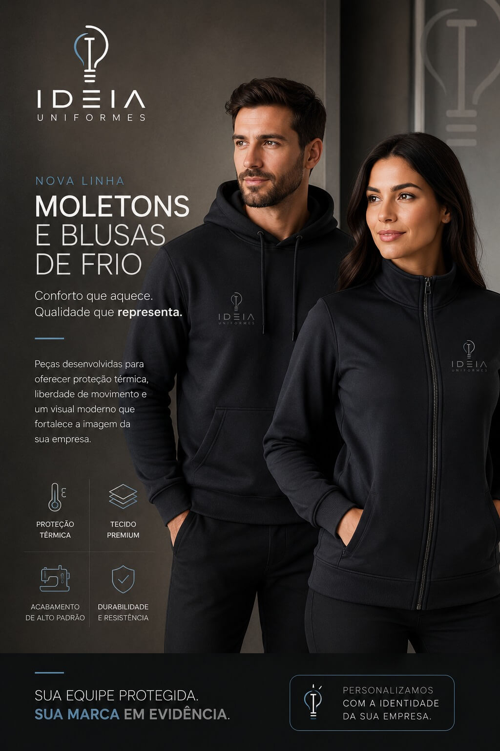 Casal usando moletons pretos elegantes com capuz